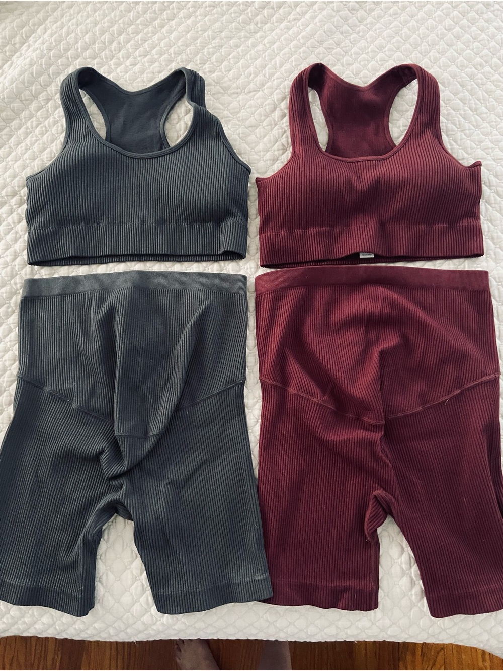 Maternity matching set. Bike shorts and sports bra top with removal cups.